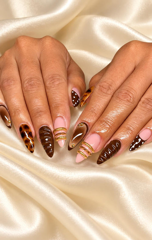 Tortoiseshell Press-On Nails – Chocolate Brown Texture – Gold Bands and Polka Dot Tips