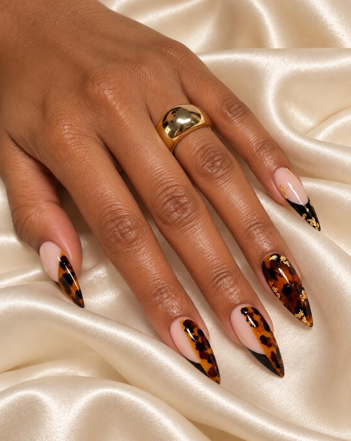 Tortoiseshell Press-On Nails – Black French Tips – Amber and Gold Foil