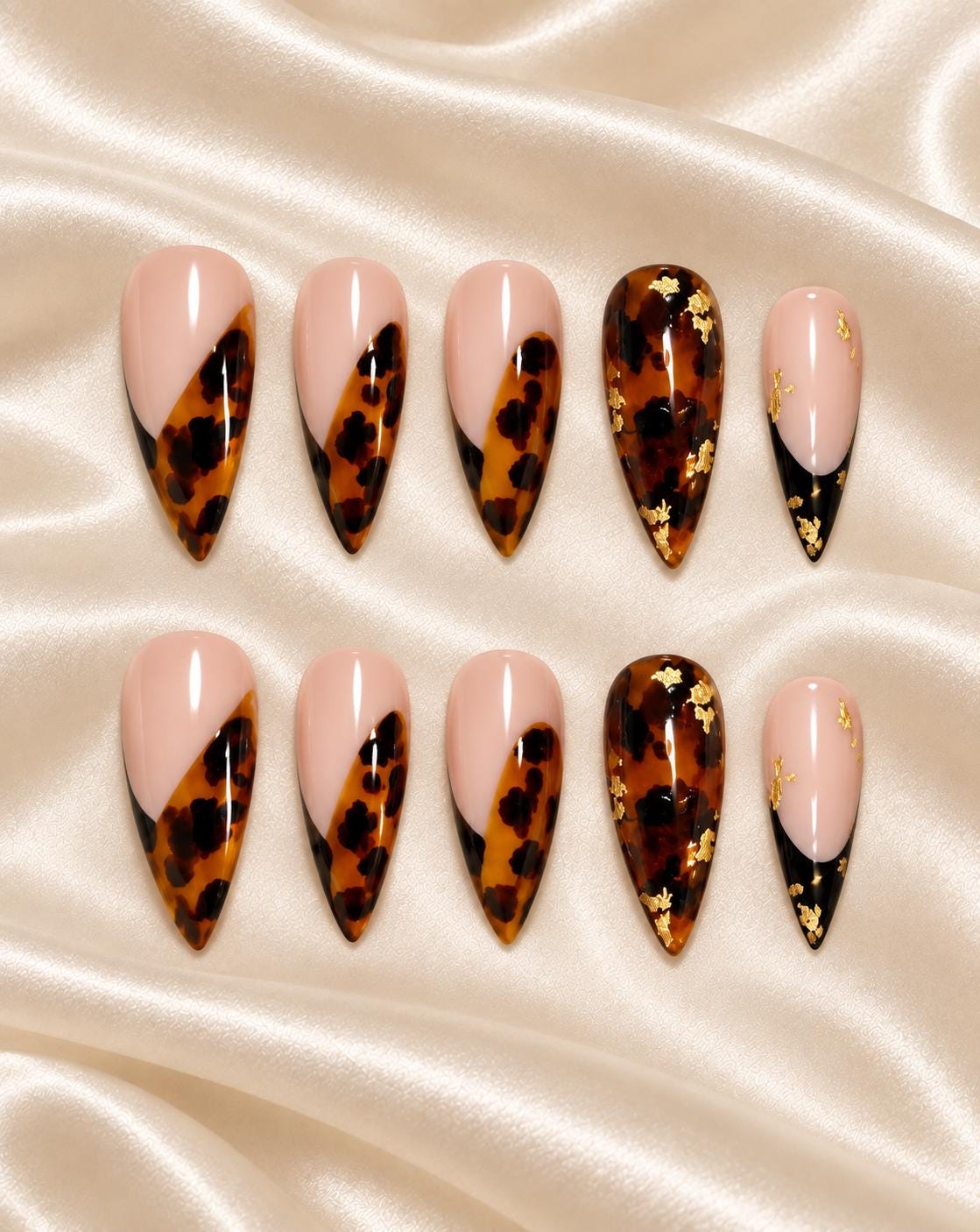 Tortoiseshell Press-On Nails – Black French Tips – Amber and Gold Foil