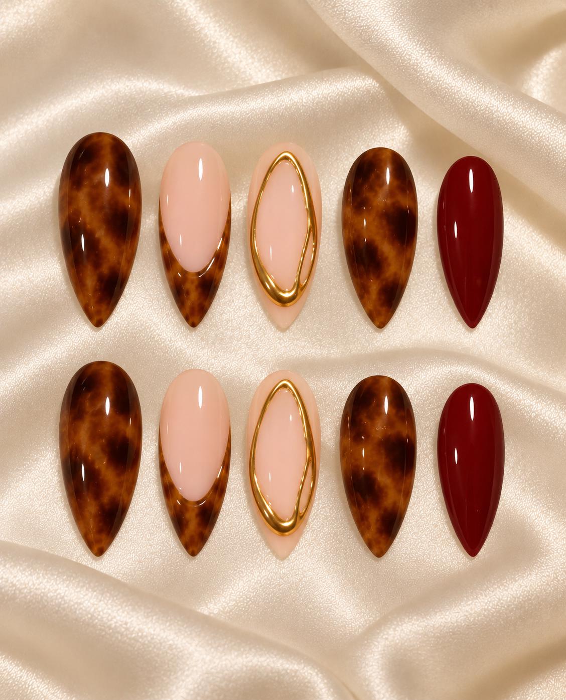 Tortoiseshell Press-On Nails – Burgundy – Nude French Tips and Gold Outlines