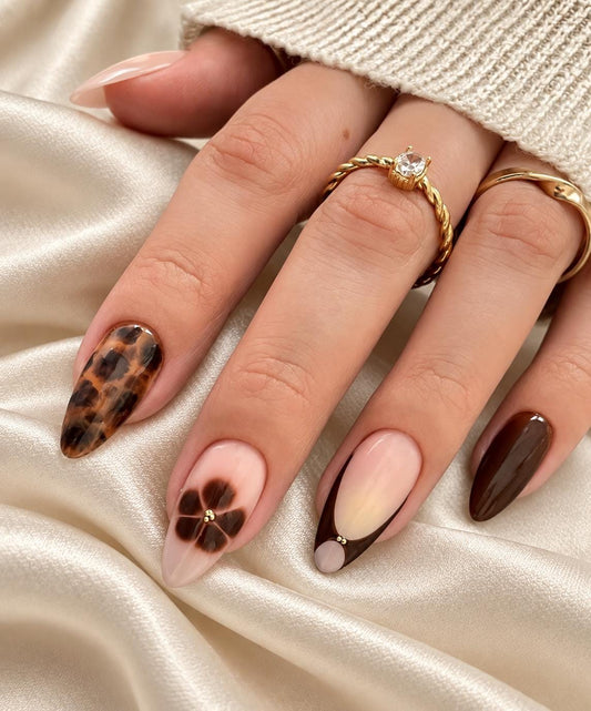 Tortoiseshell Press-On Nails – Brown Floral – Chocolate French Tips and Gold Accents
