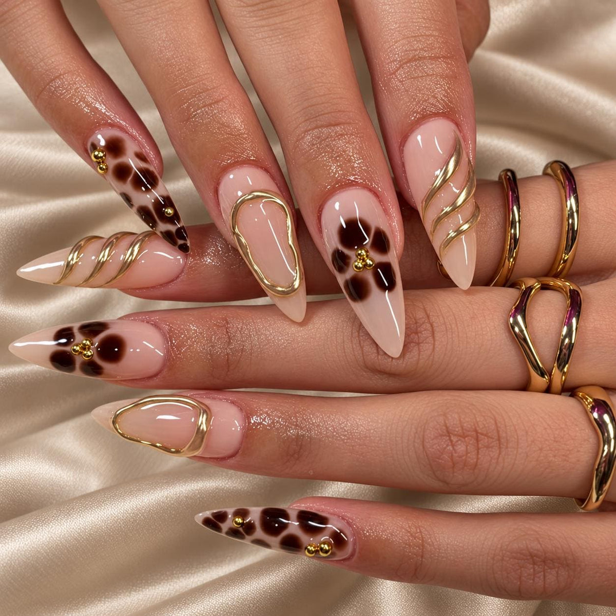 Brown Floral Press-On Nails – Nude Pink with Gold Swirls & Details