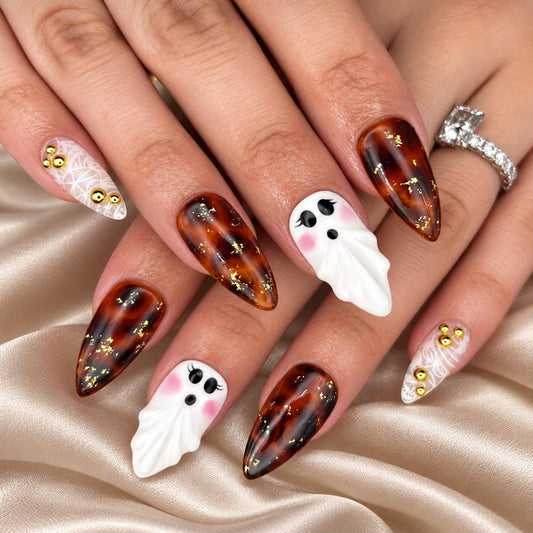 Halloween Ghost Press-On Nails – Tortoiseshell – 3D Ghosts