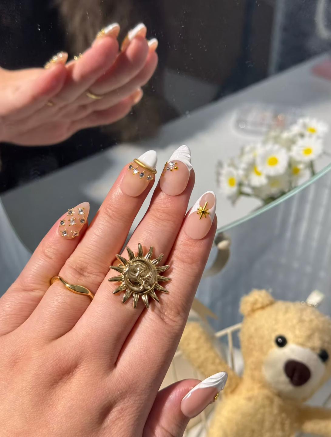 Nude White Press-On Nails – Gold Star Charms – Rhinestones & 3D French Tips