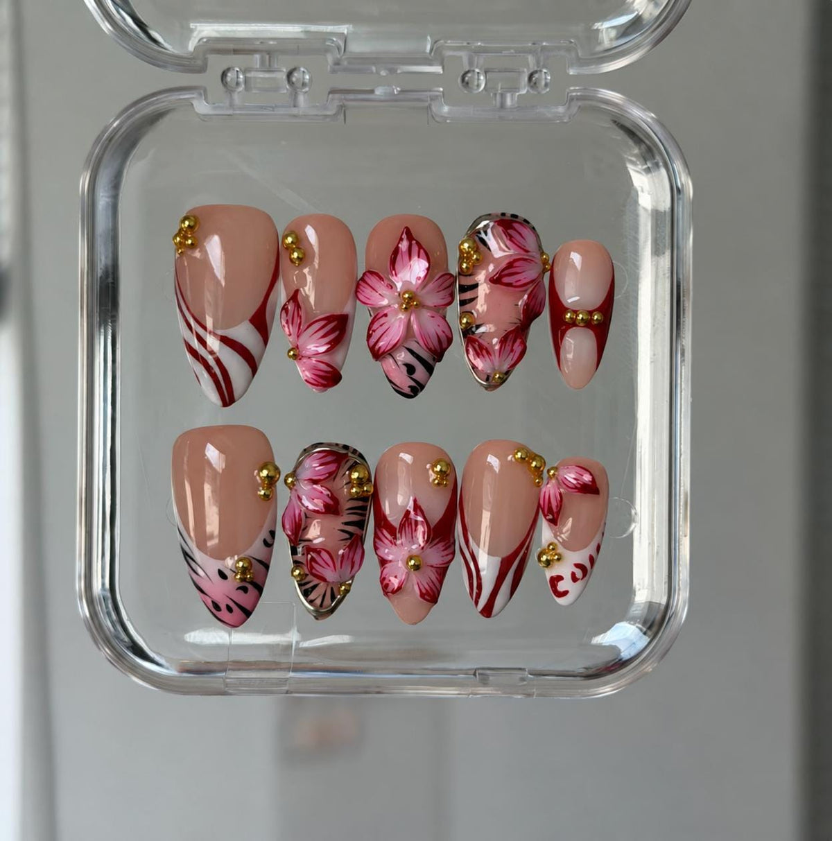 Pink Floral Press-On Nails – Red Swirls – Gold Beads & Animal Print