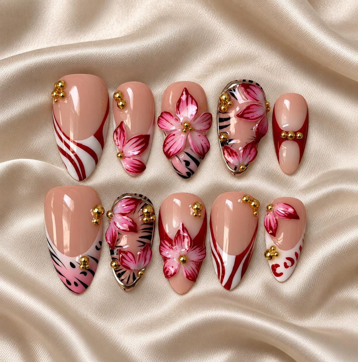 Pink Floral Press-On Nails – Red Swirls – Gold Beads & Animal Print