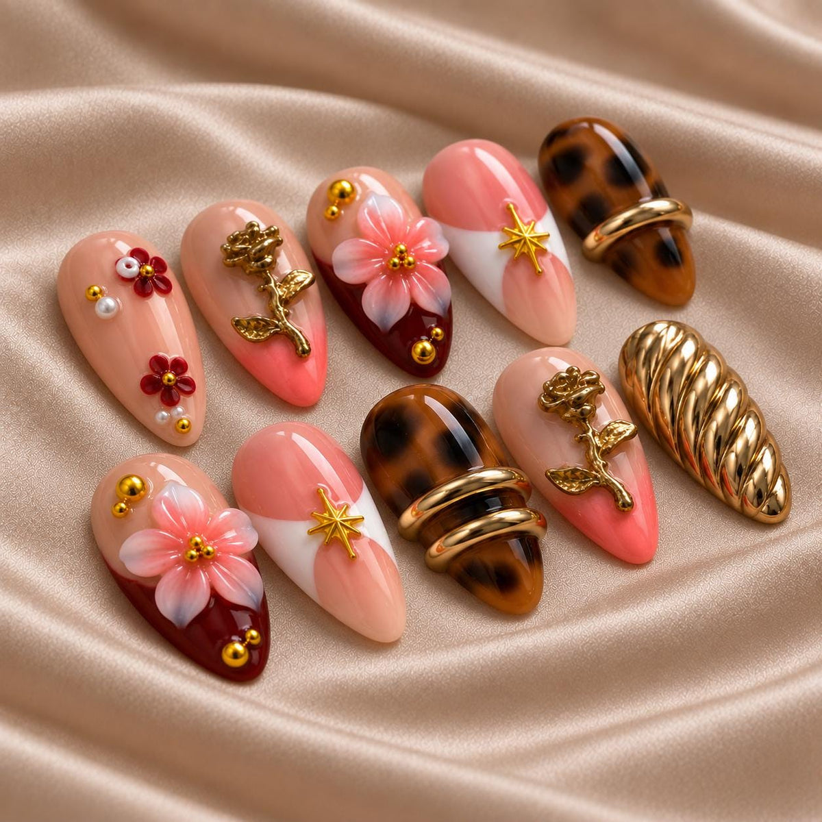 Pink Floral Press-On Nails – Tortoiseshell – 3D Flowers & Gold Charms