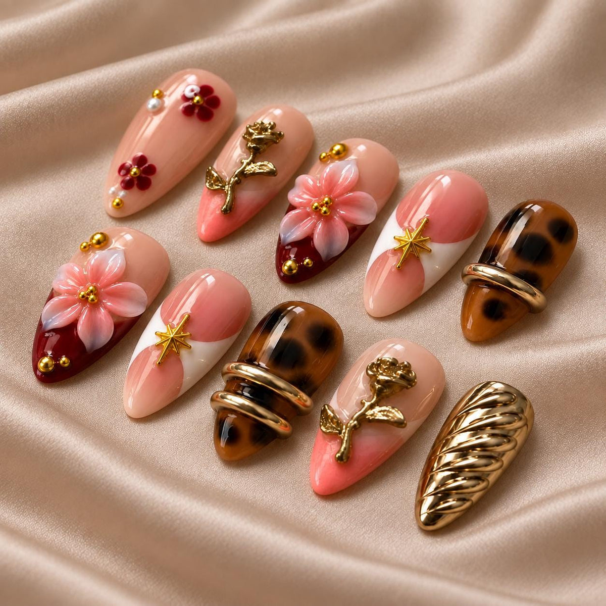 Pink Floral Press-On Nails – Tortoiseshell – 3D Flowers & Gold Charms