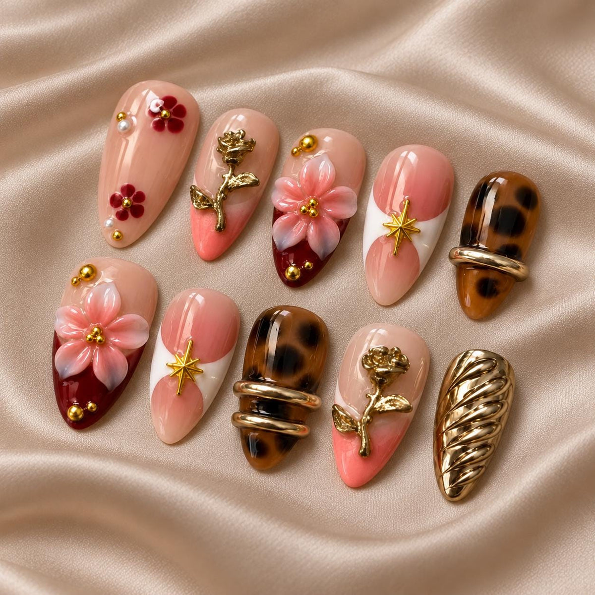 Pink Floral Press-On Nails – Tortoiseshell – 3D Flowers & Gold Charms