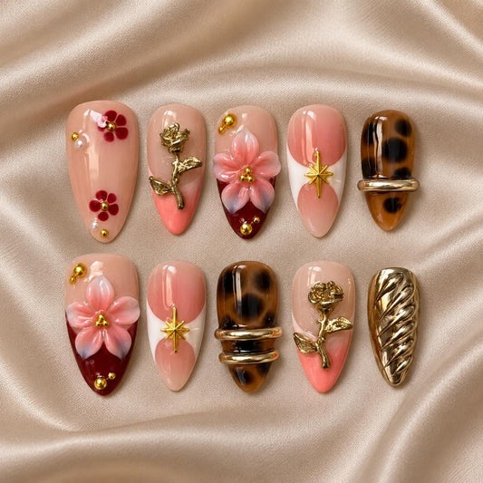 Pink Floral Press-On Nails – Tortoiseshell – 3D Flowers & Gold Charms