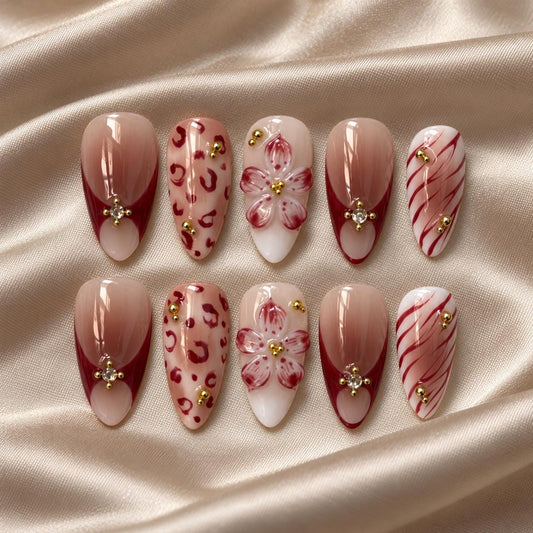 Burgundy Press-On Nails – Floral – Leopard Print & Gold Gem Accents
