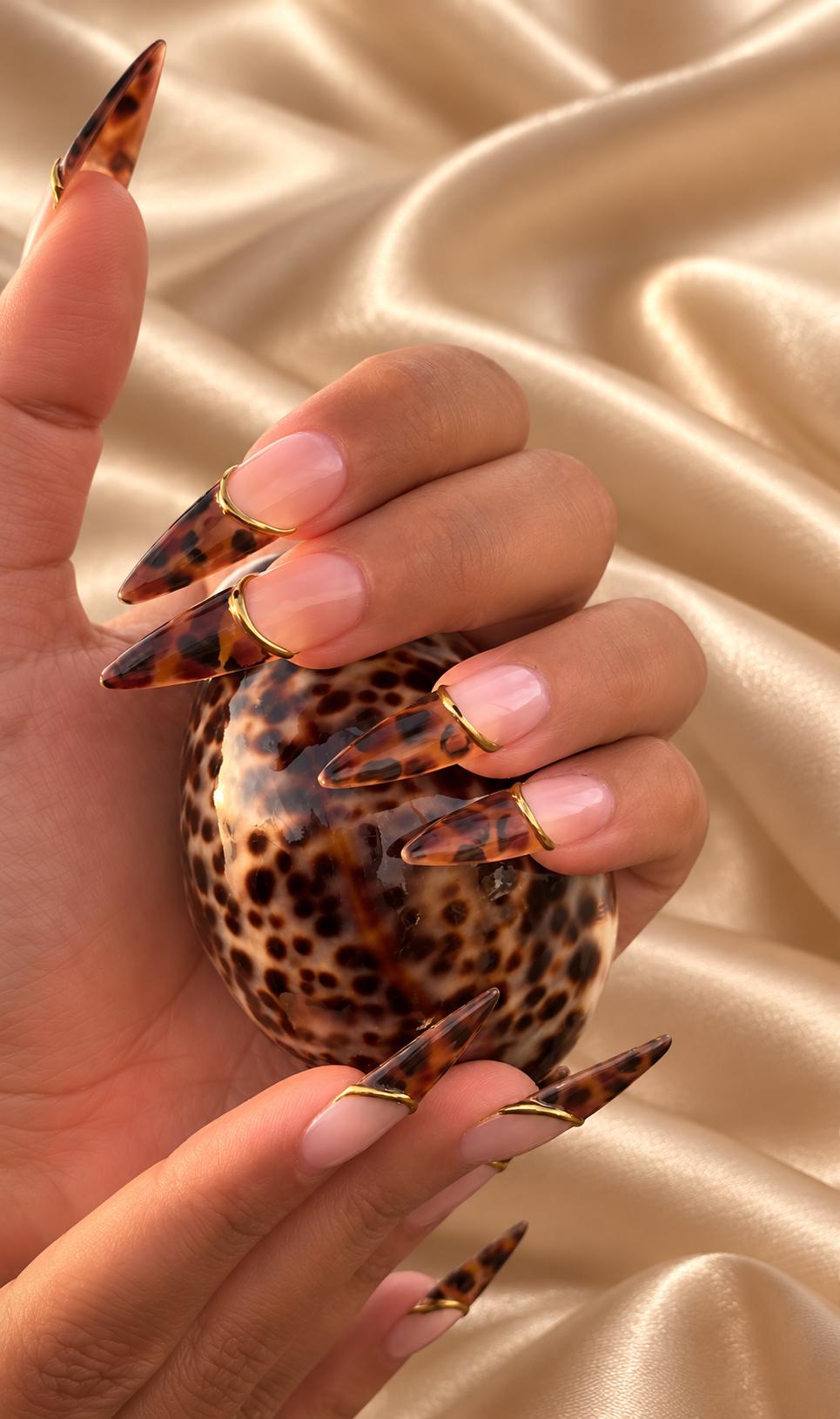 Tortoiseshell French Press-On Nails – Gold Outline – Nude Brown Fall