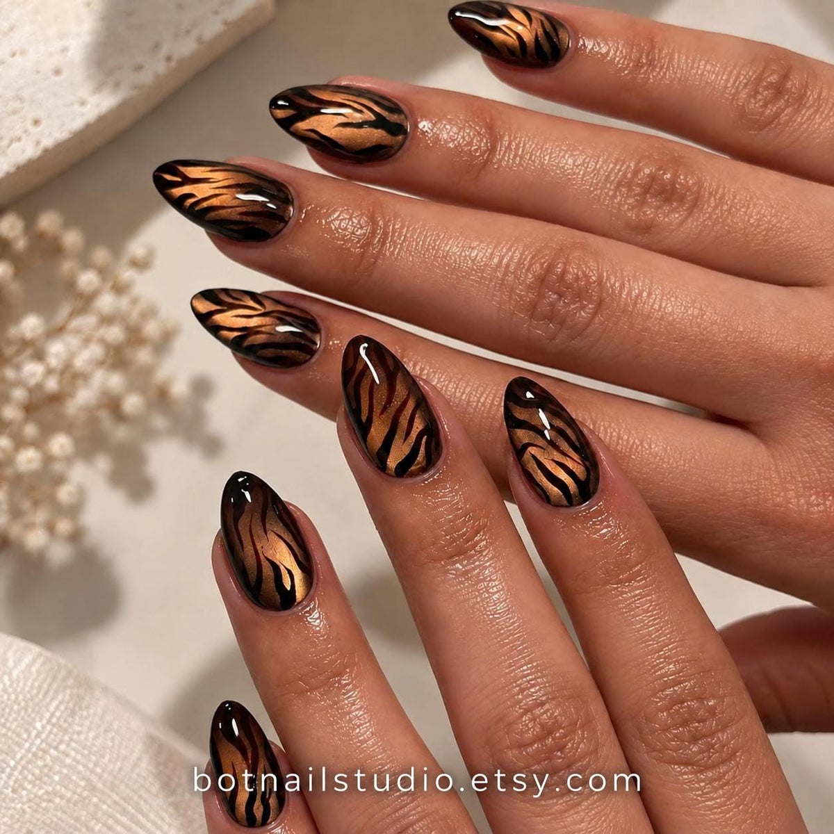 Tiger Print Press-On Nails – Brown Cat Eye – Black Animal Print Details