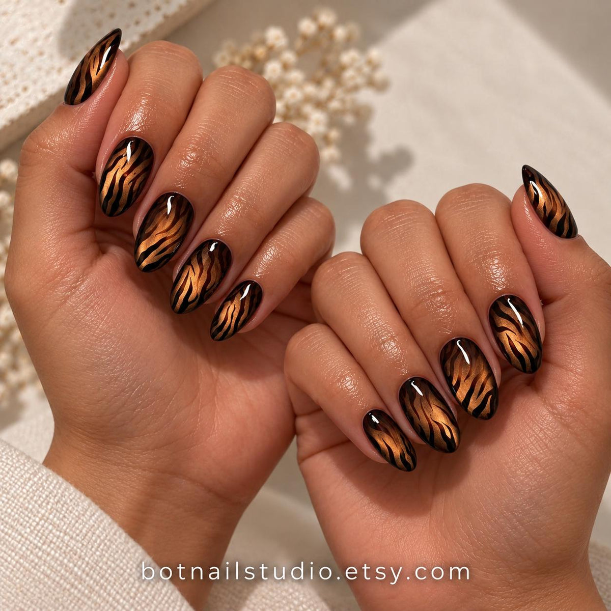 Tiger Print Press-On Nails – Brown Cat Eye – Black Animal Print Details