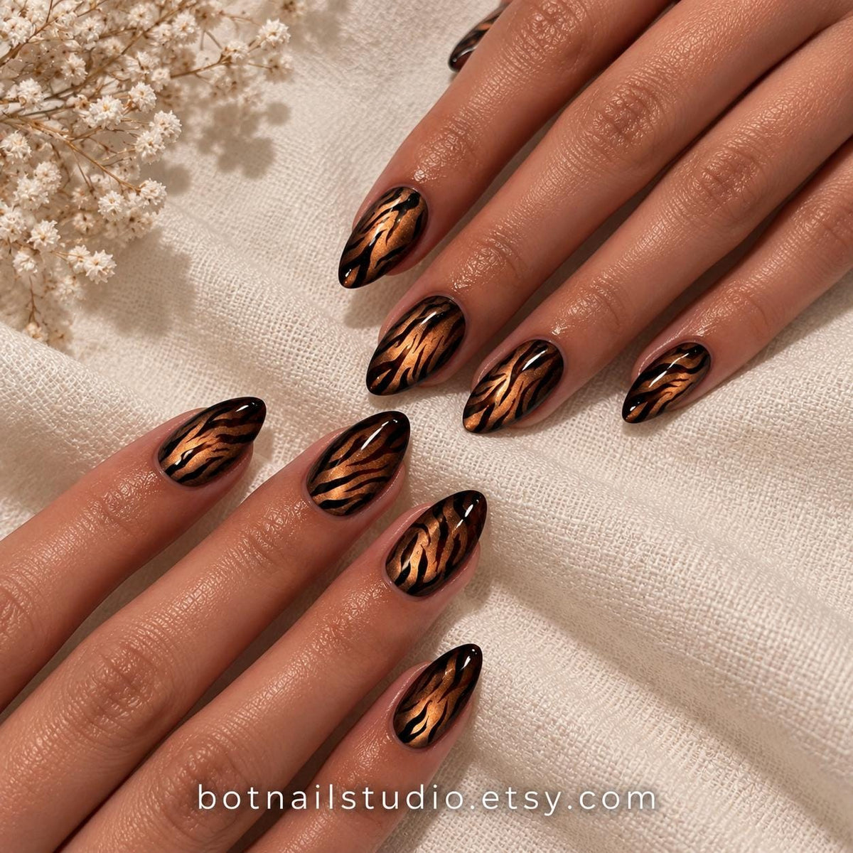 Tiger Print Press-On Nails – Brown Cat Eye – Black Animal Print Details