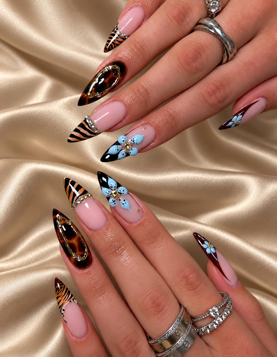 Tiger Print Press-On Nails – Blue 3D Flower Stiletto – Tortoiseshell & Nude Pink with Gold Charms