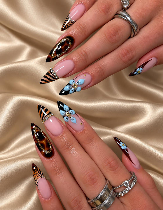 Tiger Print Press-On Nails – Blue 3D Flower Stiletto – Tortoiseshell & Nude Pink with Gold Charms