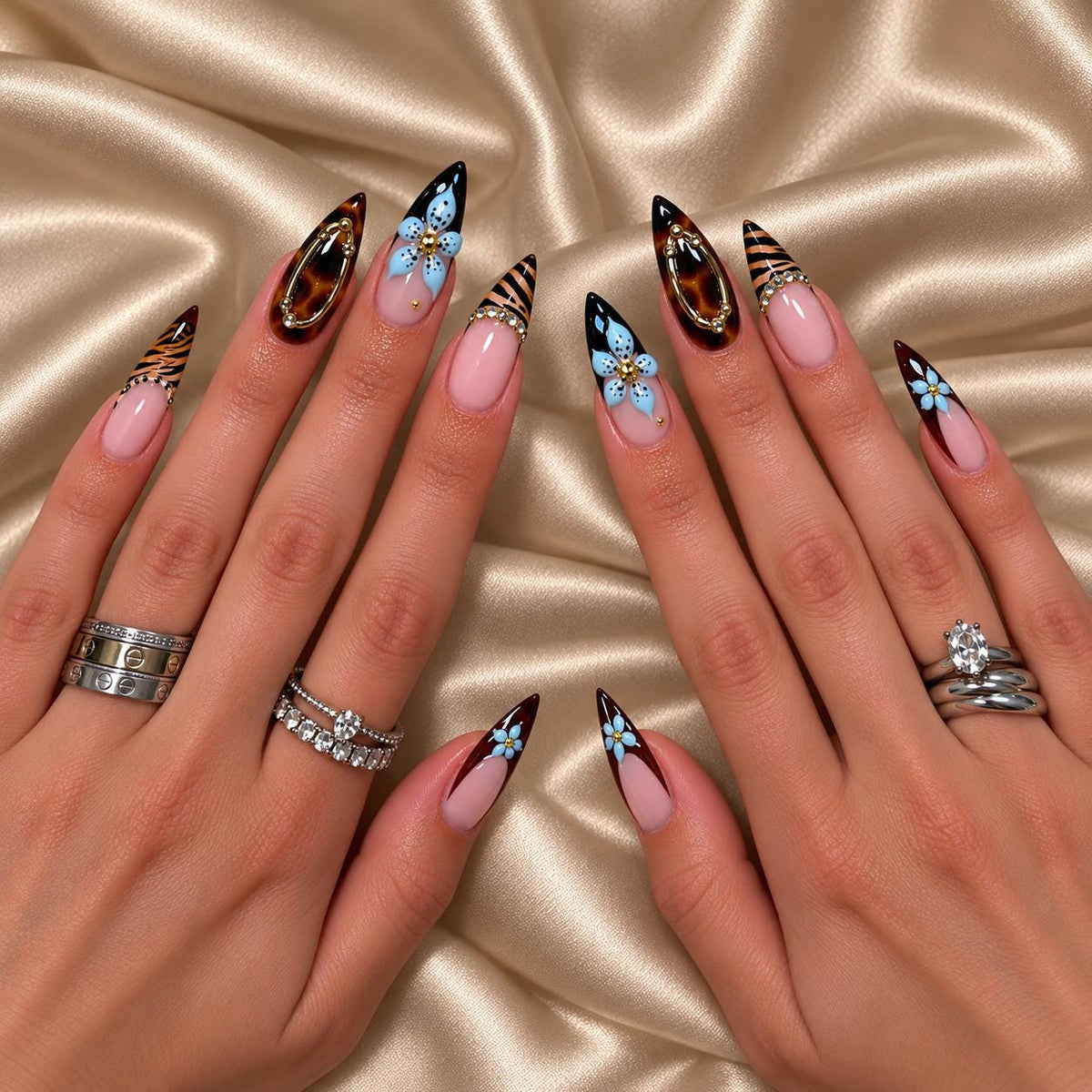 Tiger Print Press-On Nails – Blue 3D Flower Stiletto – Tortoiseshell & Nude Pink with Gold Charms