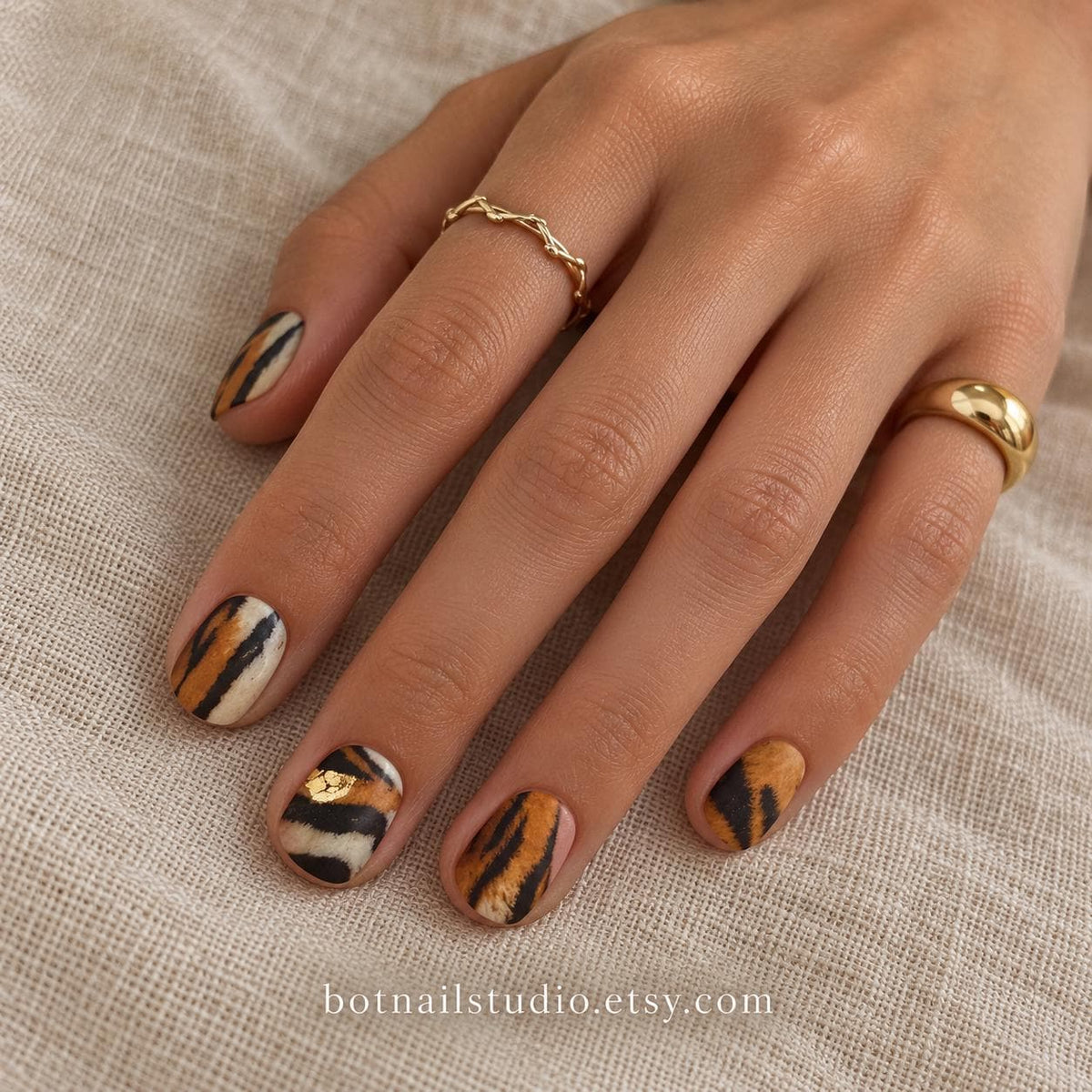 Tiger Print Press-On Nails – Short Square with Gold Foil – Orange Black Animal Print