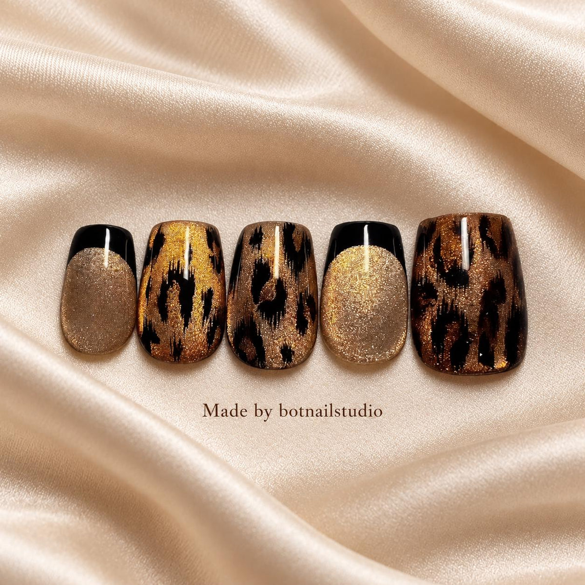 Bronze Leopard Press-On Nails – Gold Cat Eye – Black French Tips