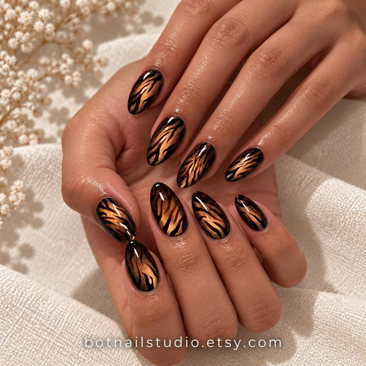 Tiger Print Press-On Nails – Brown Cat Eye – Black Animal Print Details