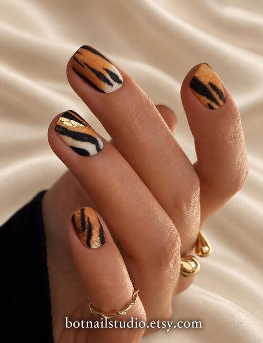 Tiger Print Press-On Nails – Short Square with Gold Foil – Orange Black Animal Print