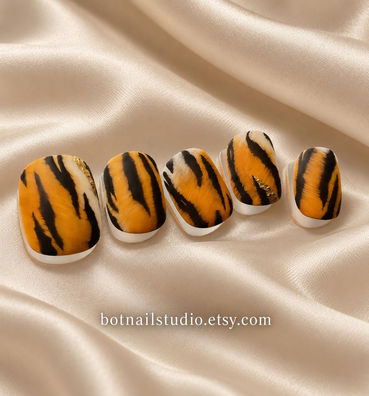 Tiger Print Press-On Nails – Short Square with Gold Foil – Orange Black Animal Print