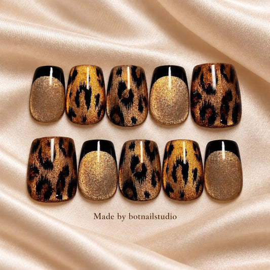 Bronze Leopard Press-On Nails – Gold Cat Eye – Black French Tips