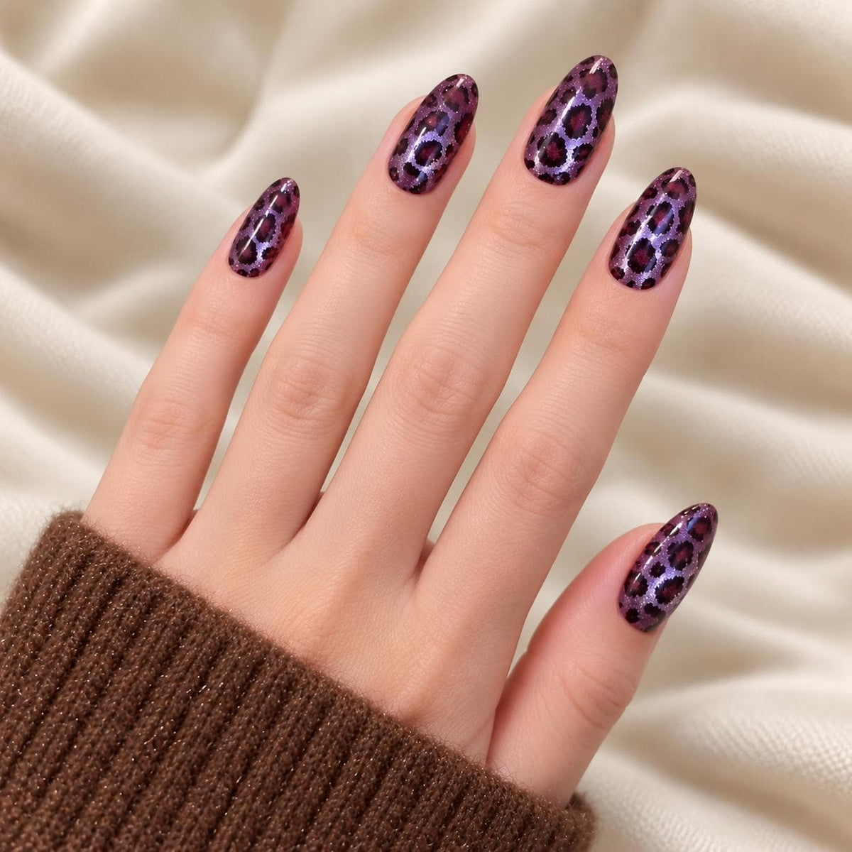 Purple Leopard Press-On Nails – Shimmer Purple – Long Oval