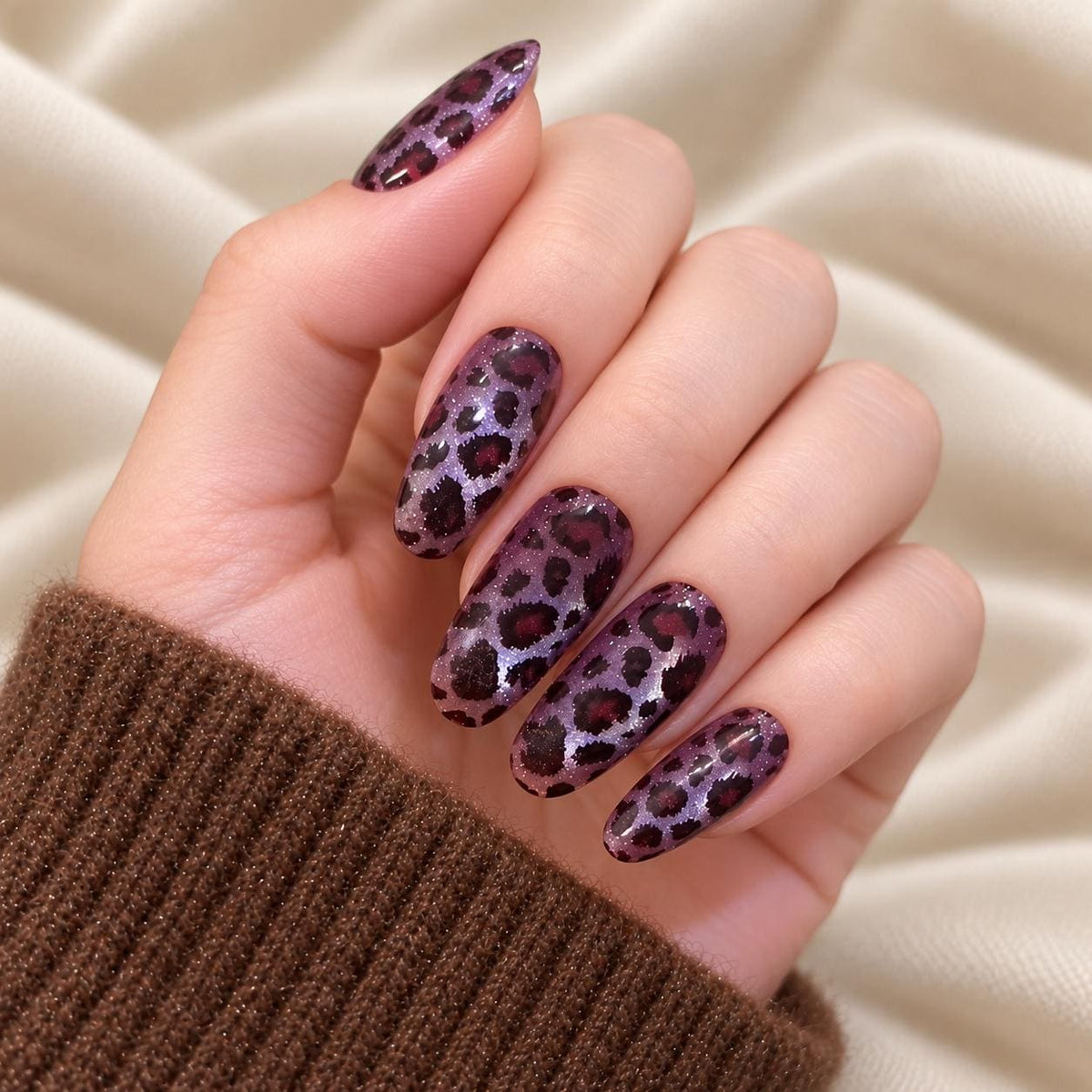 Purple Leopard Press-On Nails – Shimmer Purple – Long Oval