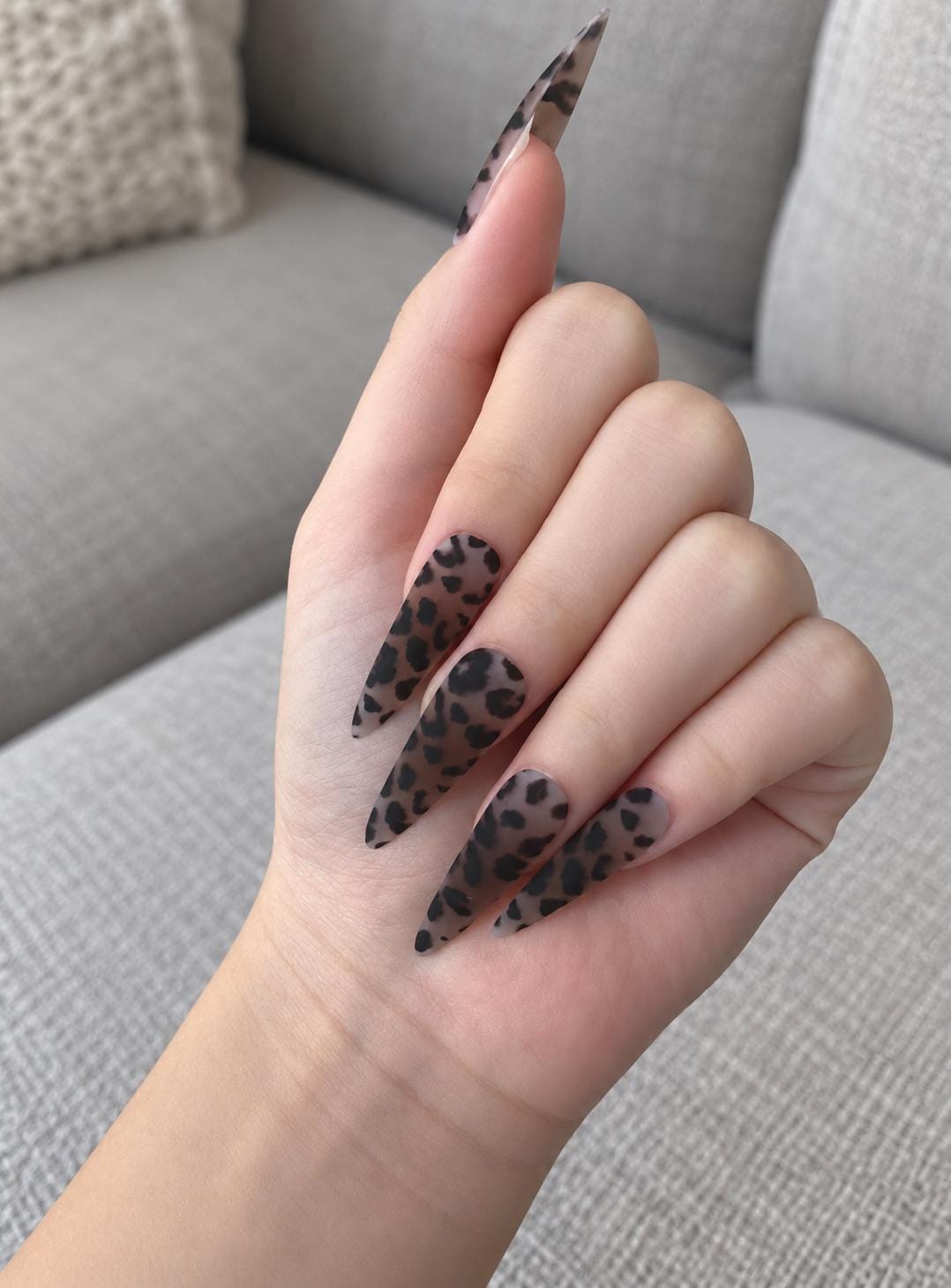Matte Leopard Press-On Nails – Long Stiletto – Sheer Brown Nude