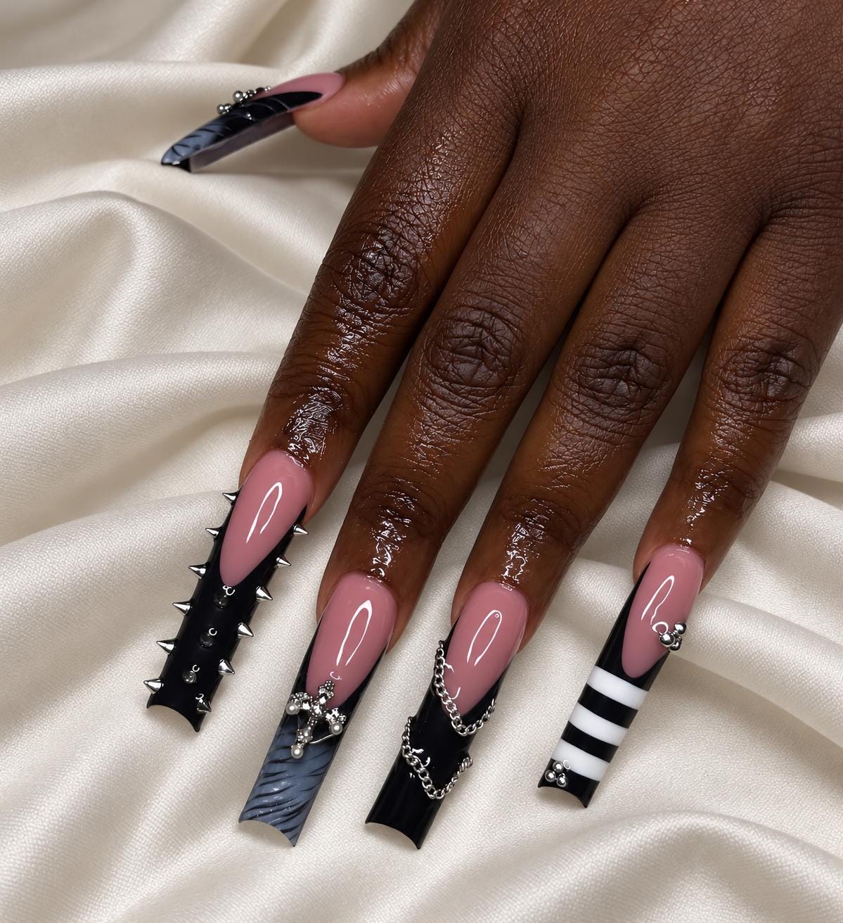 Gothic Black Press-On Nails – Extra Long Square – Silver Spikes Cross and Chains