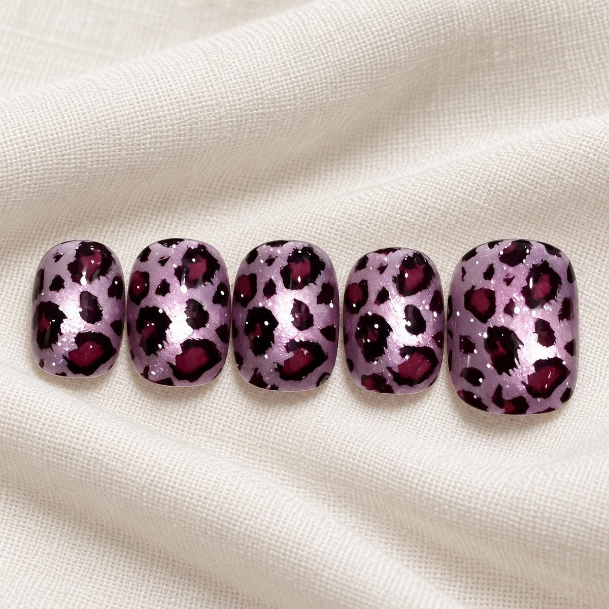 Purple Leopard Press-On Nails – Short Squoval – Pink Shimmer Animal Print