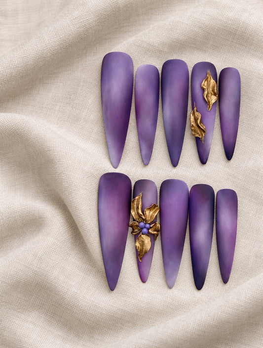 Matte Purple Press-On Nails – Long Stiletto – Smoky Lavender Ombre