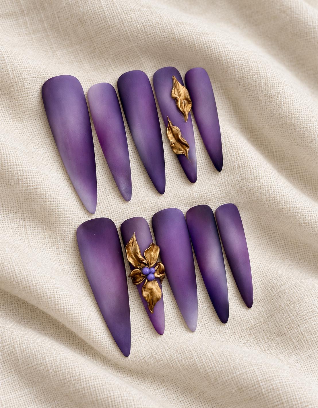 Matte Purple Press-On Nails – Long Stiletto – Smoky Lavender Ombre