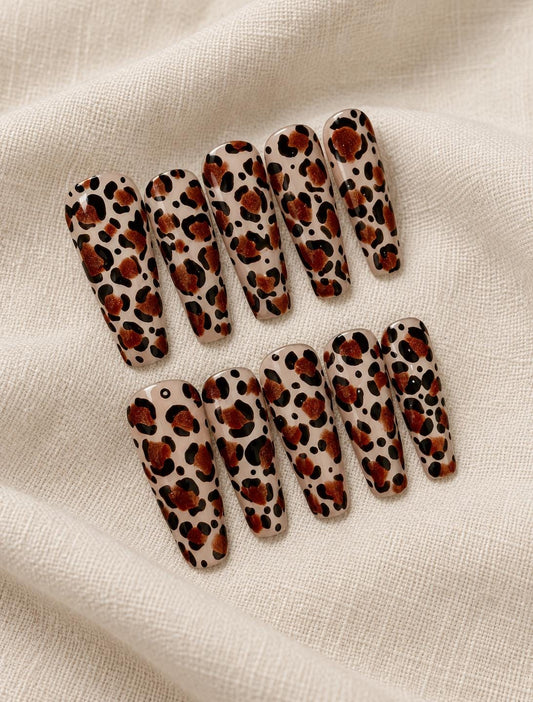Leopard Press-On Nails – Long Square – Nude Beige with Copper Shimmer Spots