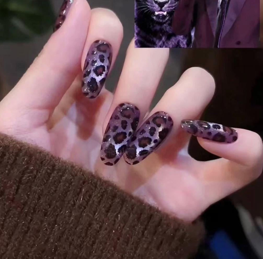 Purple Leopard Press-On Nails – Shimmer Purple – Long Oval