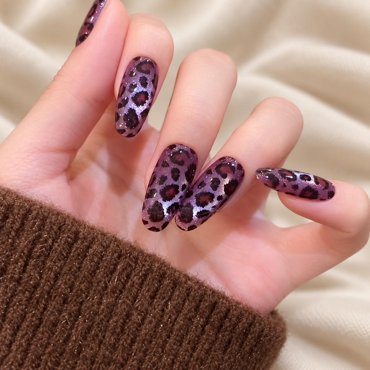 Purple Leopard Press-On Nails – Shimmer Purple – Long Oval