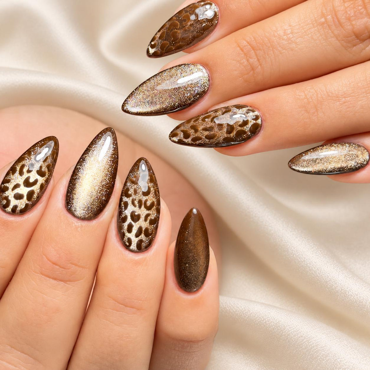 Brown Leopard Cat Eye Press-On Nails – Gold Shimmer Almond – Glossy Animal Print