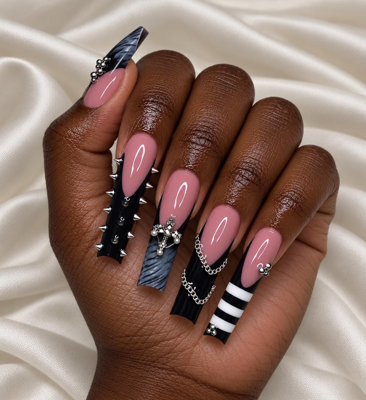 Gothic Black Press-On Nails – Extra Long Square – Silver Spikes Cross and Chains