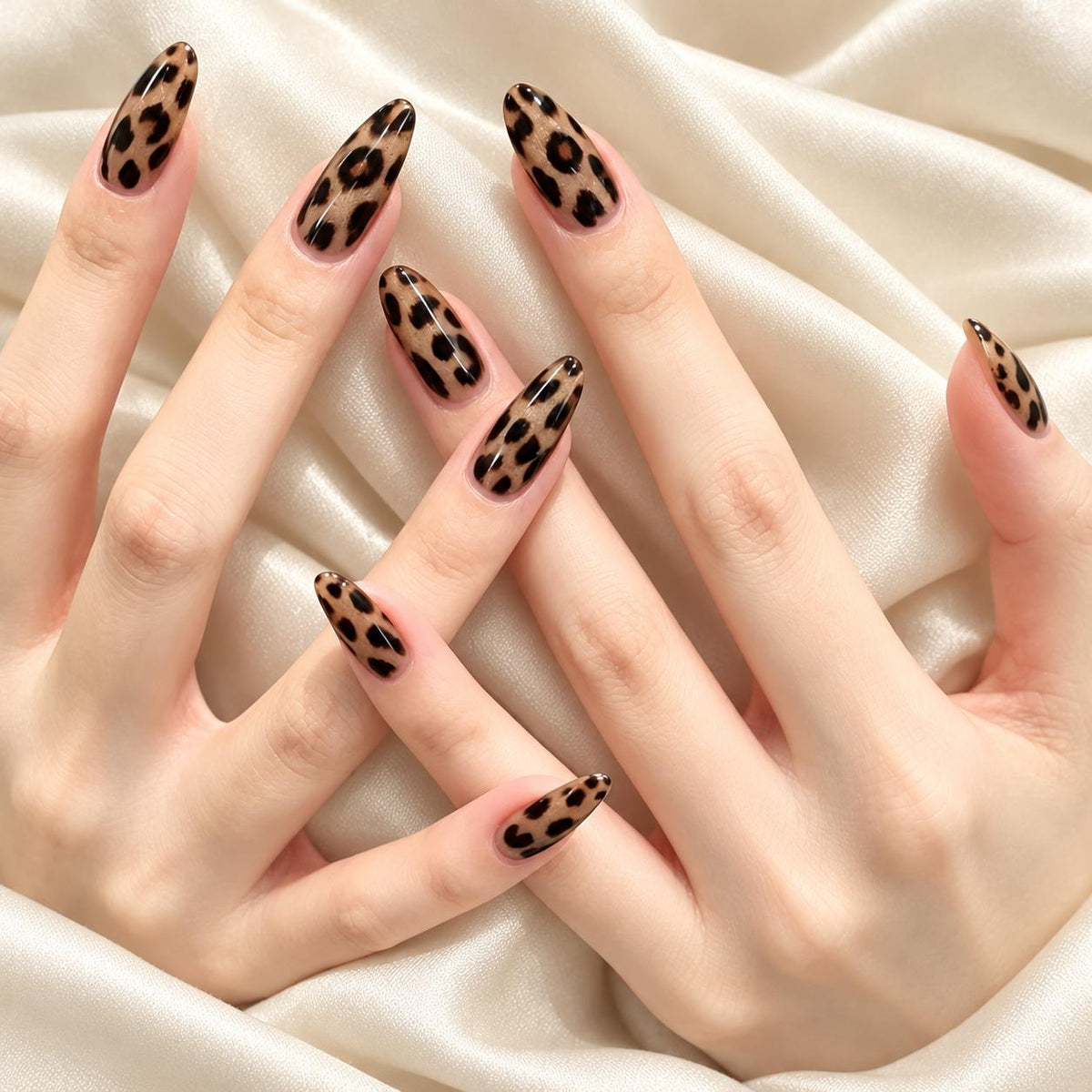 Leopard Press-On Nails – Glossy Almond – Tan Brown Animal Print