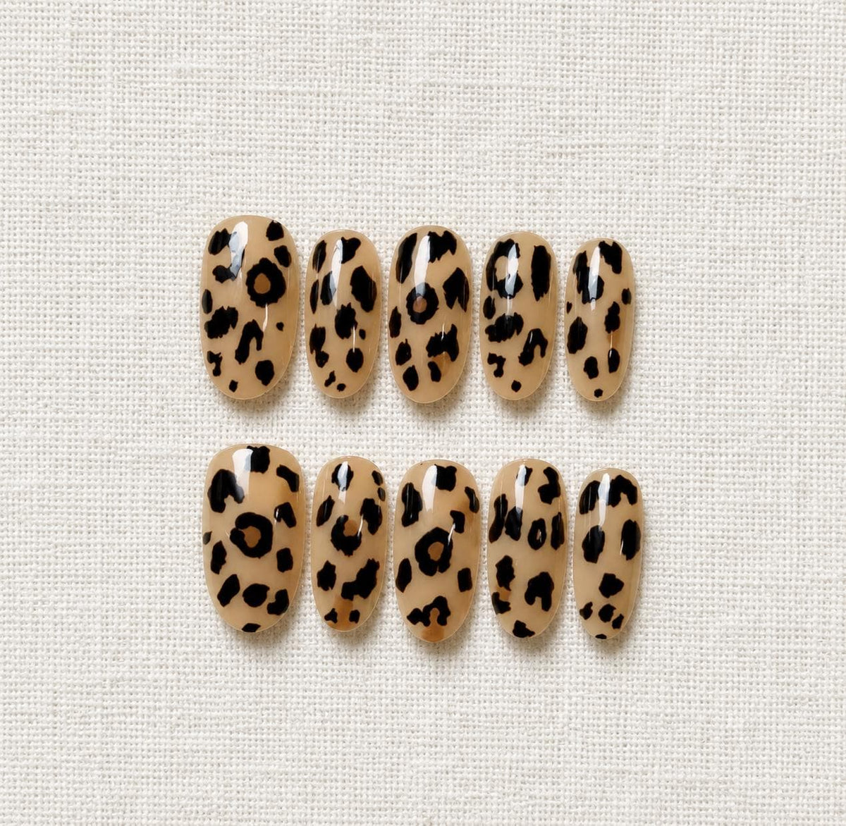 Leopard Press-On Nails – Glossy Almond – Tan Brown Animal Print