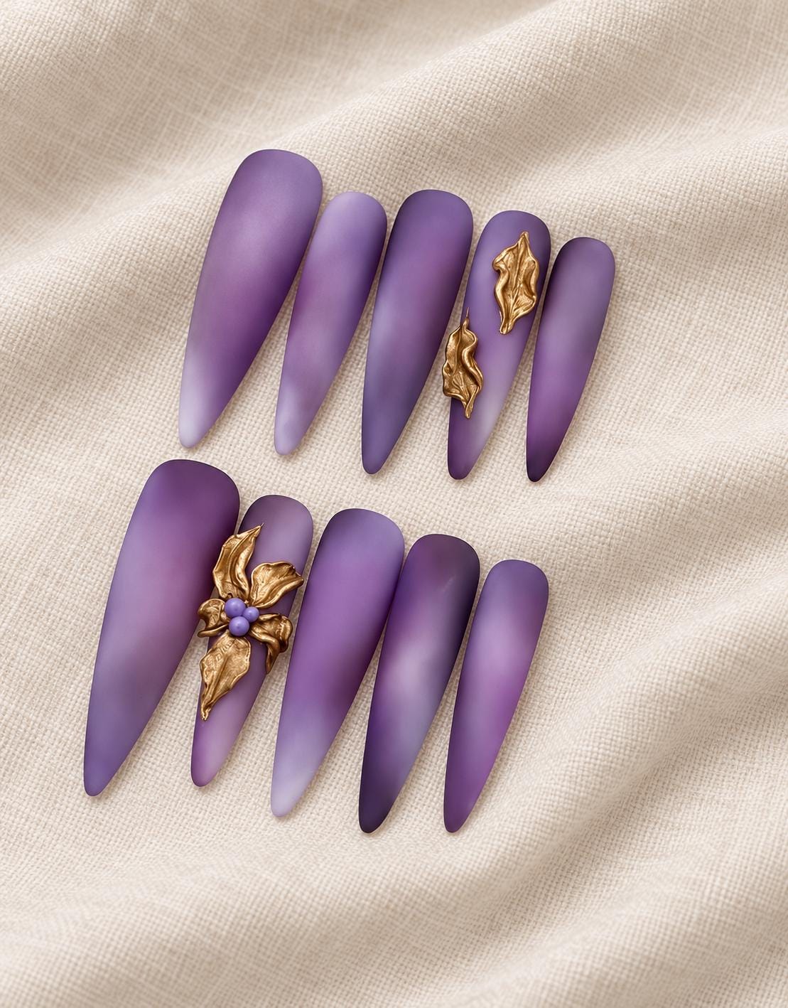 Matte Purple Press-On Nails – Long Stiletto – Smoky Lavender Ombre